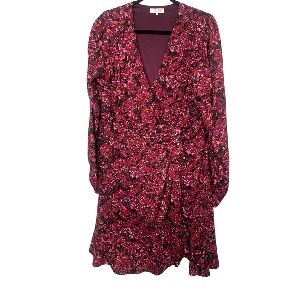 Parker Plus Size 16 Purple Floral Print Allison Flounce V Neck Ruched Side Dress